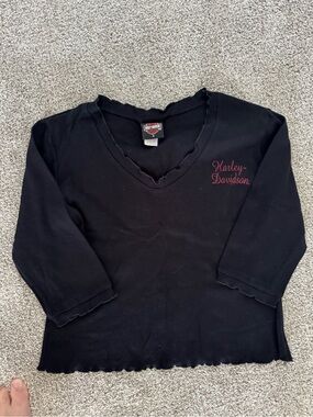 Harley-Davidson Black 3/4 length shirt Orange and White Shield Logo. Never worn